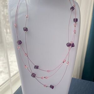 Avon SP Pink and Purple Beaded suspension triple strand Necklace